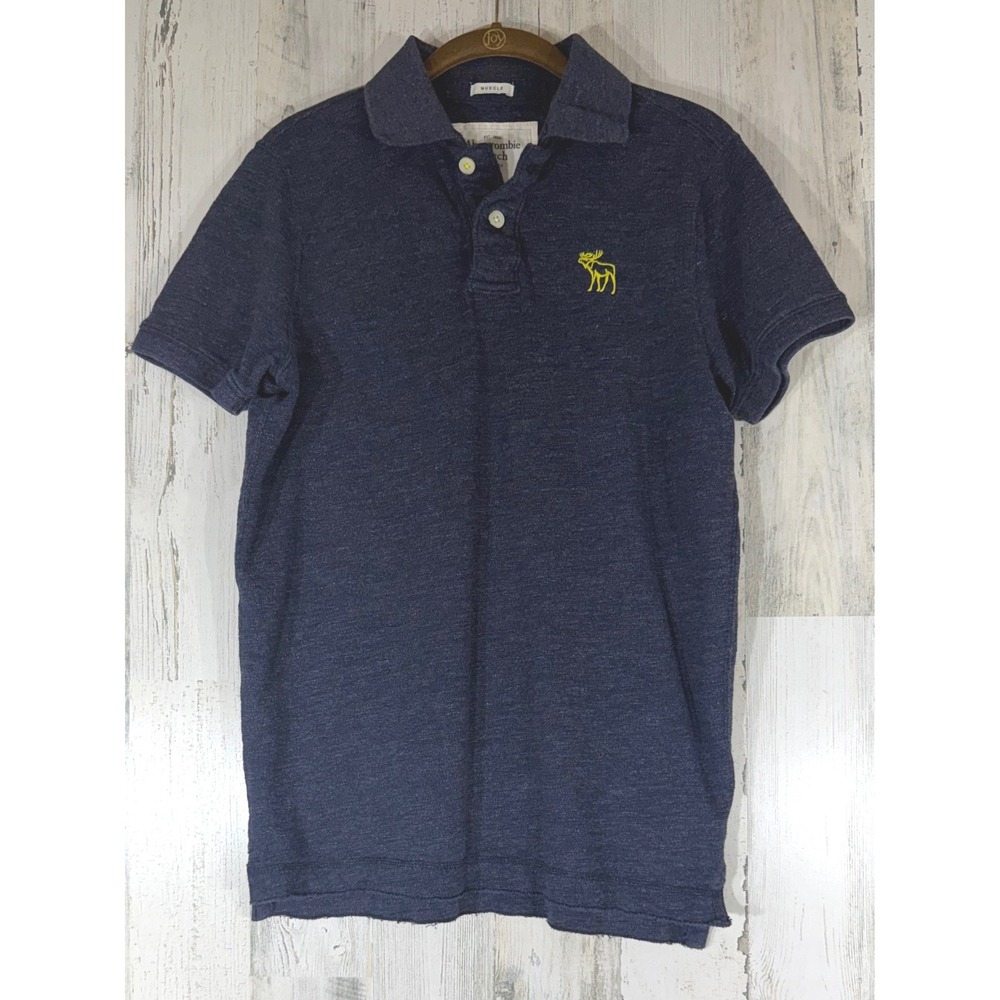 Abercrombie & Fitch Polo Shirt Medium Navy Blue Muscle Fit Yellow Moose Logo